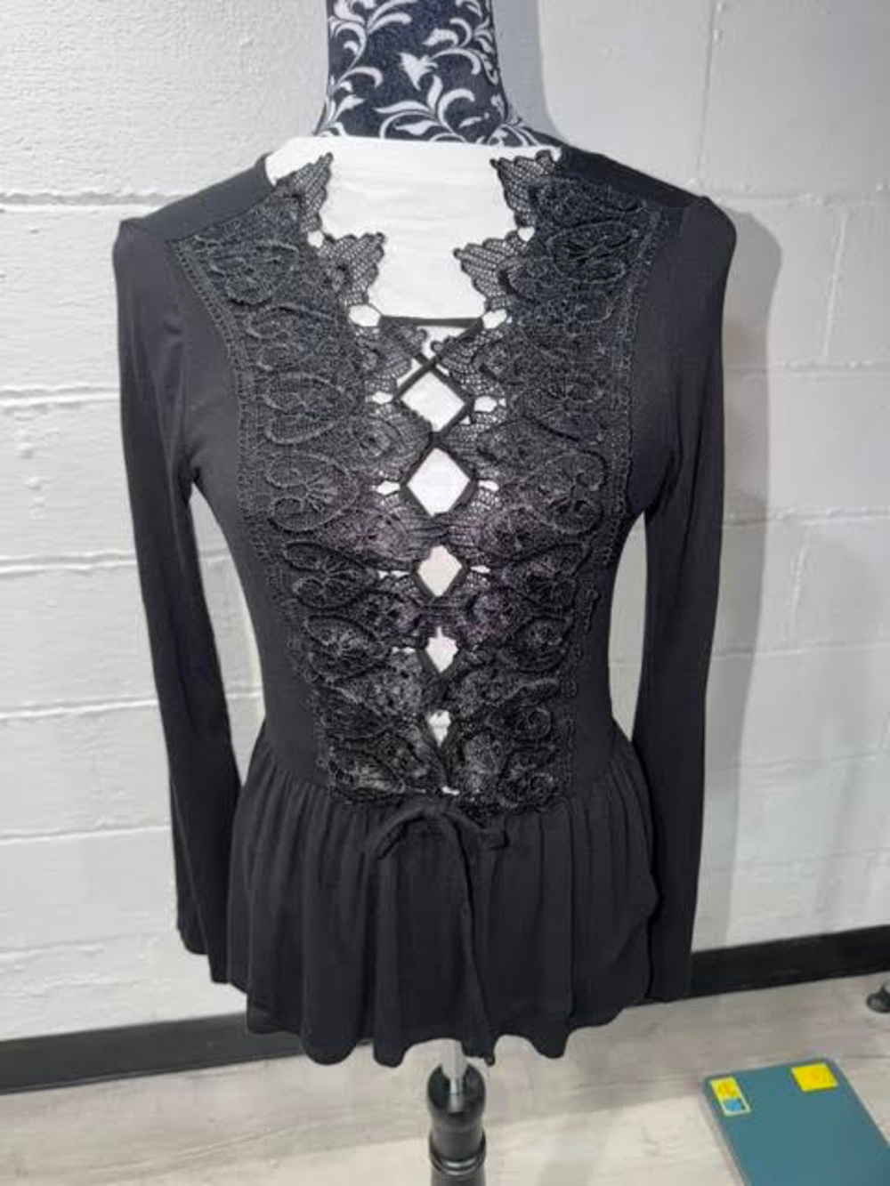 ENUS Black Lace Up Lace Trim Peplum Top Whimsigoth Goth - Small
